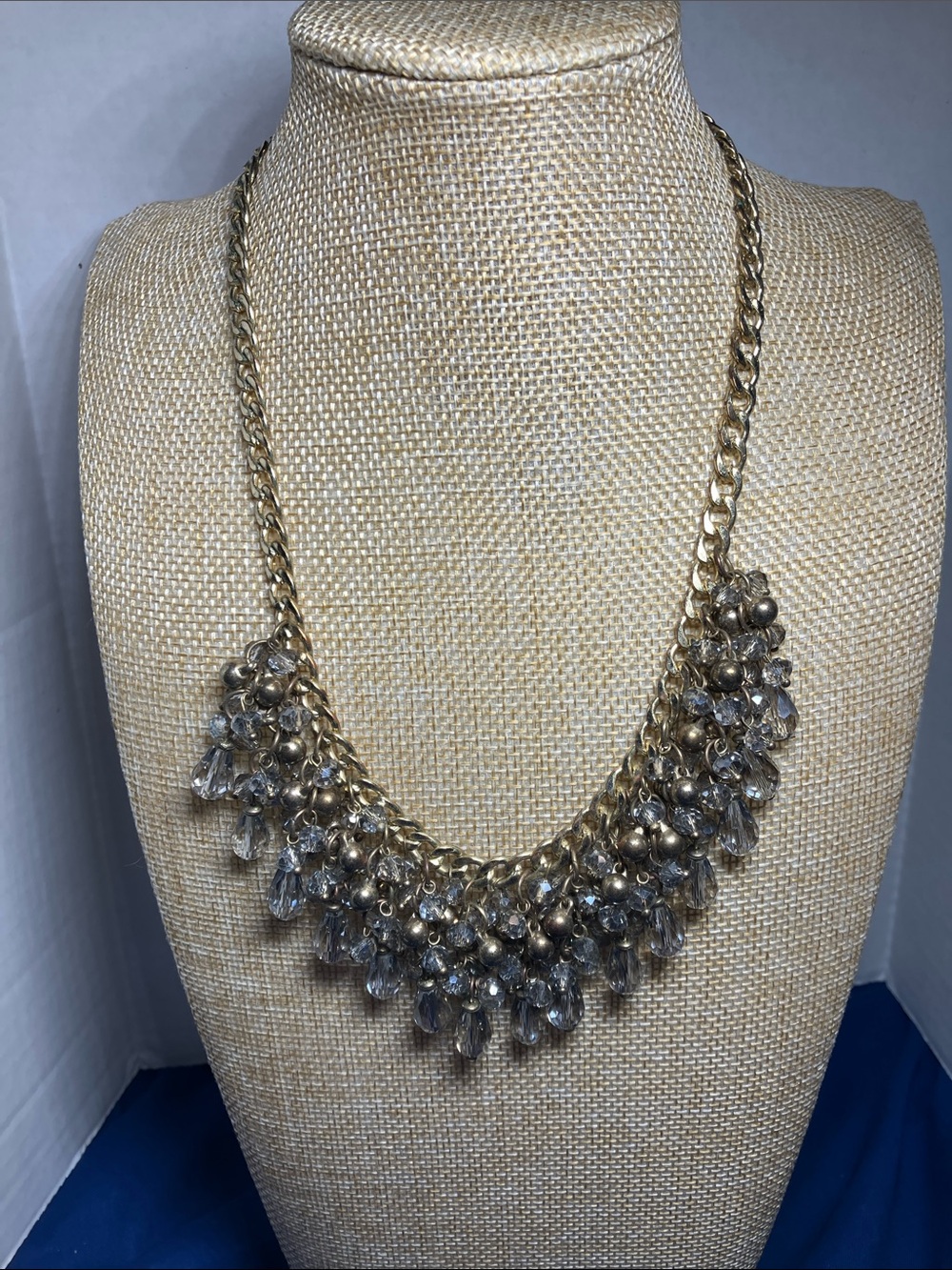Gold Statement Cluster Necklace with Clear Crystal Drops